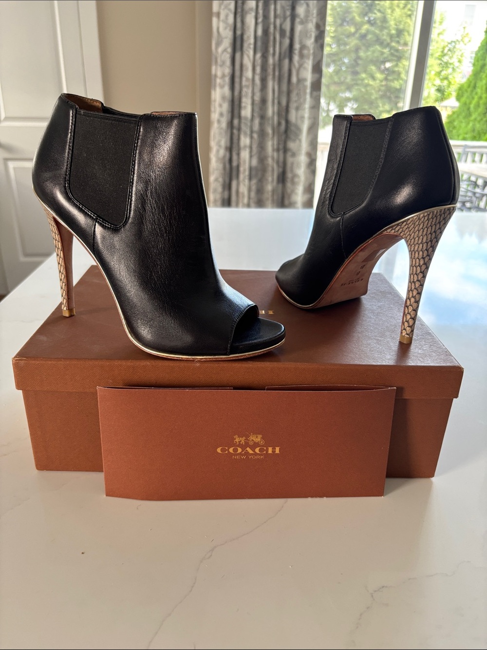 Coach Black Leather Peep-Toe Ankle Booties with Snake-Print Heel